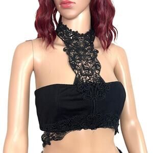 Crochet Lace Halter Crop Top Womens Medium Black NWT Mock Neck Lined